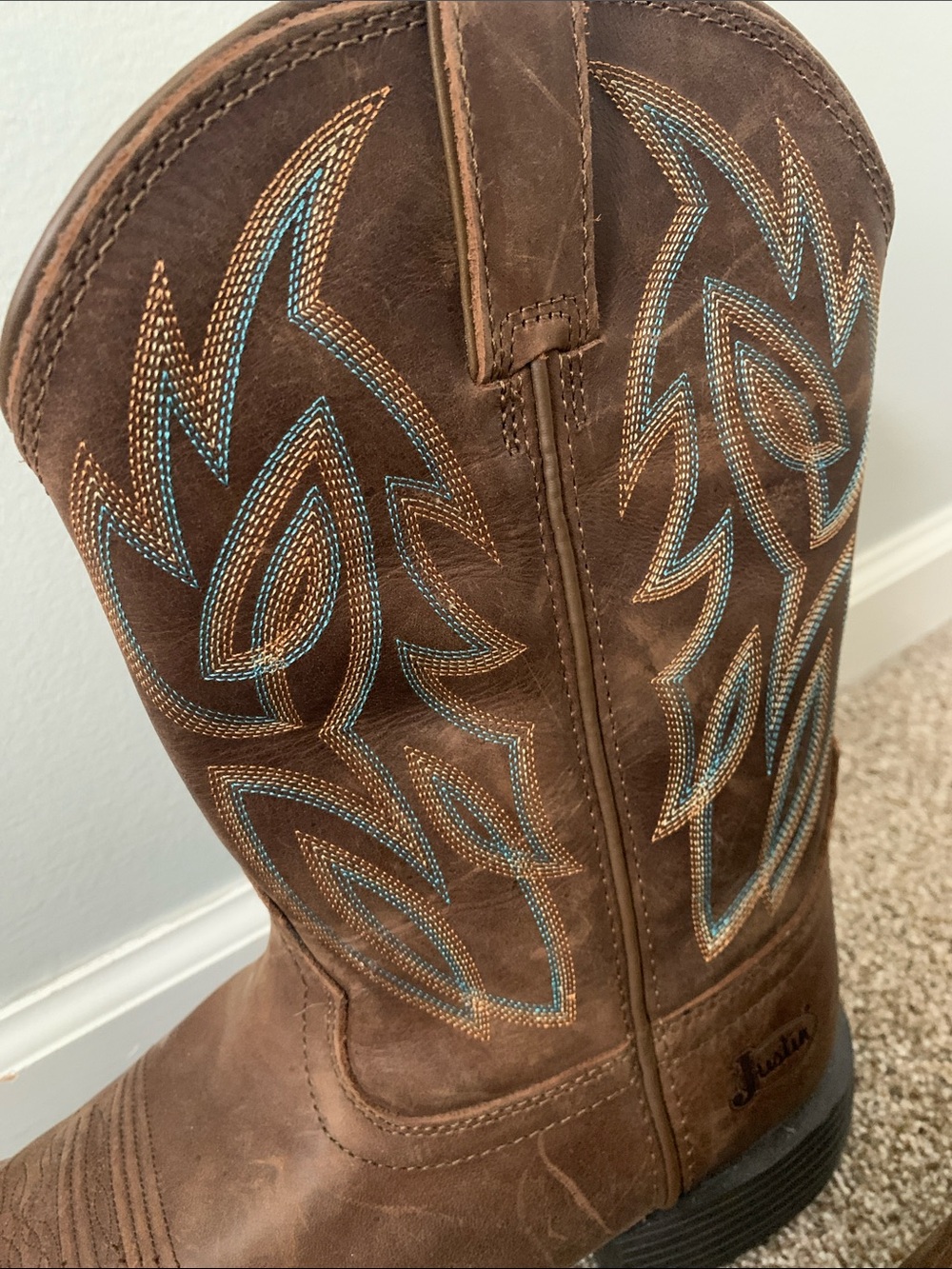 Men's size 11.5 EE Brown Leather Cowboy Boots with Embroidered Shaft - Picture 6 of 6